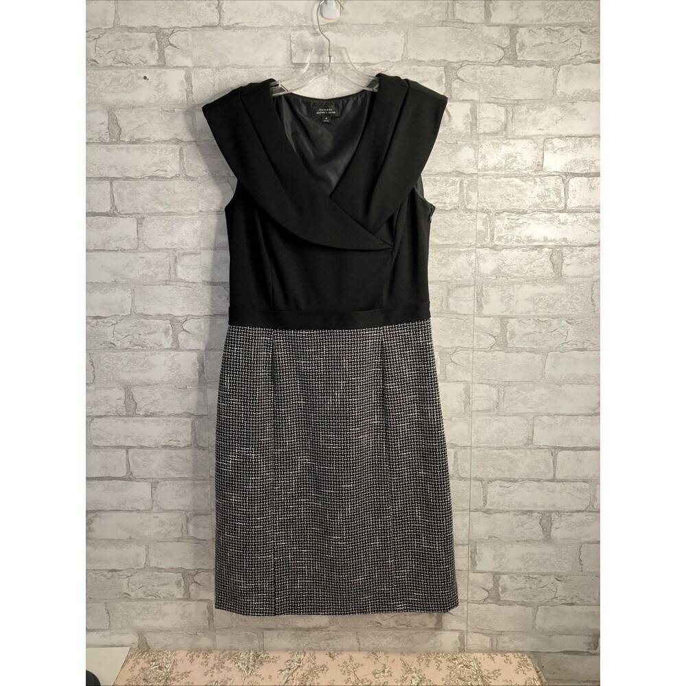 Tahari ASL Black & White Textured Tweed Dress Portrait Neckline Professional 8